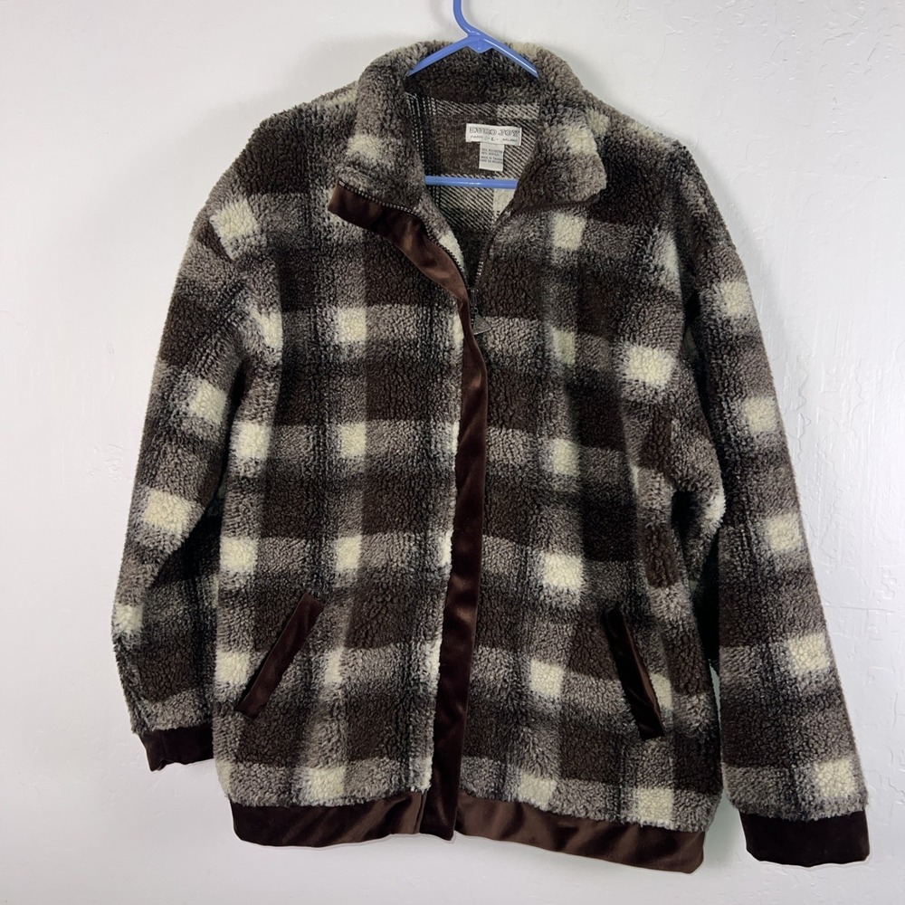 Vintage Euro Joy Men's Large Checkered Fleece Full Zip Warm‎ Jacket ✅